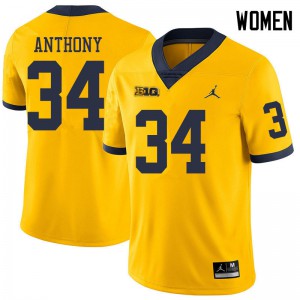 #34 Jordan Anthony University of Michigan Jordan Brand Women's Stitched Jersey Yellow
